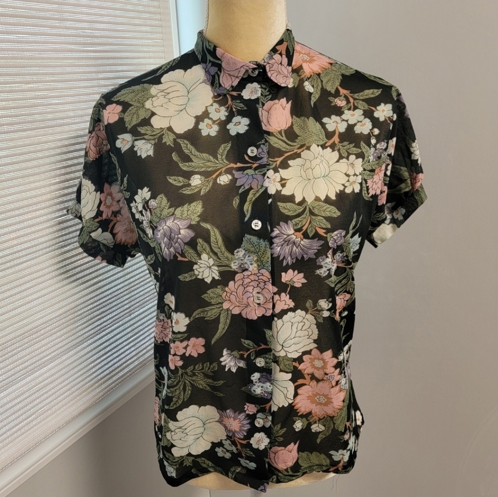Vintage Sears Cottagecore Floral Boho Chic Blouse Button Up Semi Sheer M/L *Read